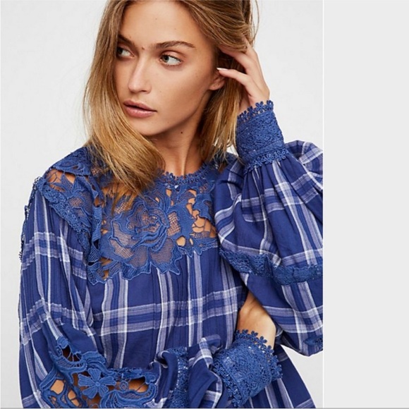 Free People Darling Diana Blue Printed Lace-Trim Top - Picture 12 of 12